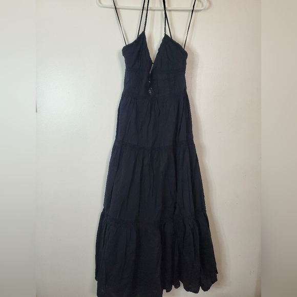 Zara Black Cotton Lace Tiered Midi Dress Size Large Cross Strap Open Back Vacay - Picture 5 of 15